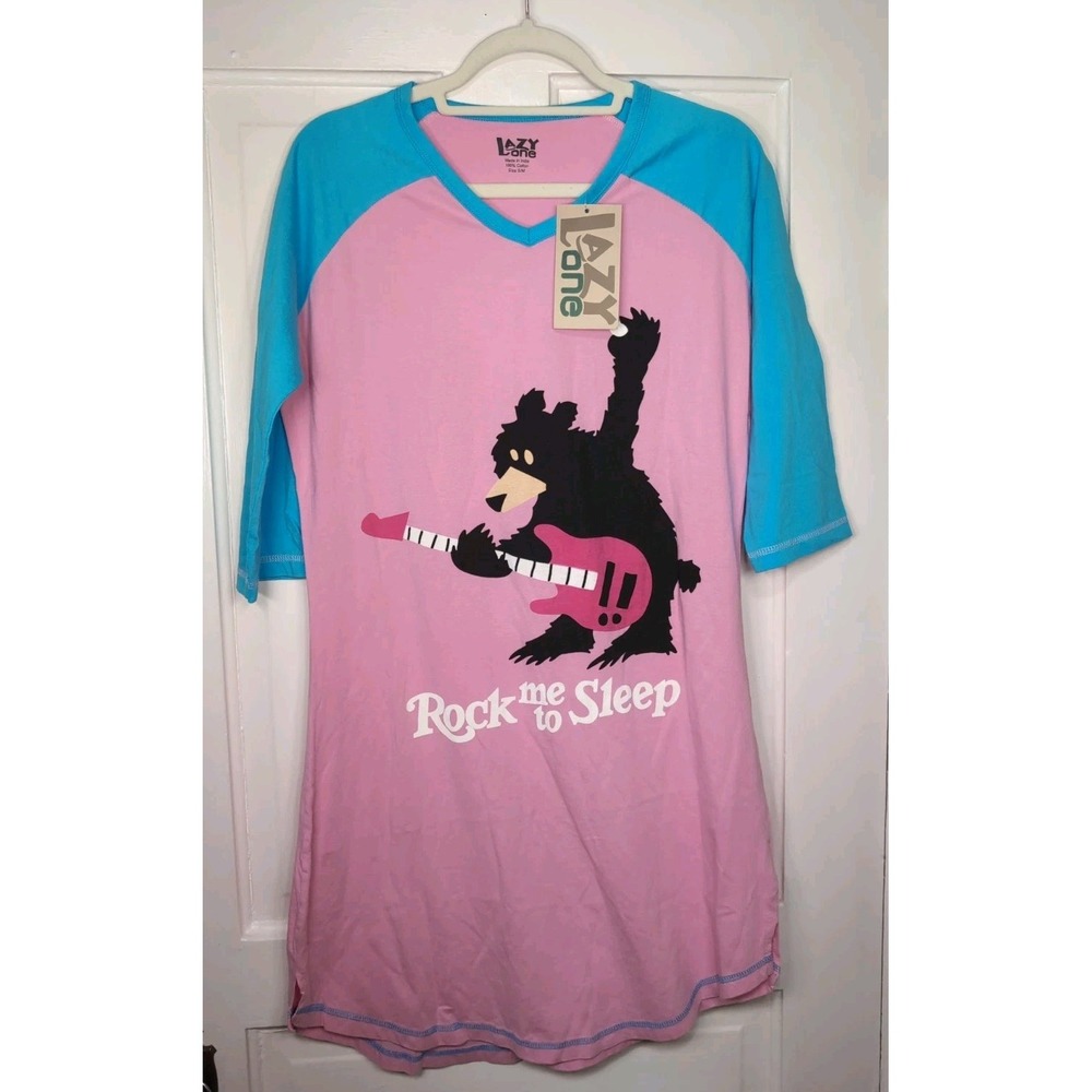 Lazy One Bear Rock To Sleep Nightshirt Pink Blue 3/4 Sleeve NWT Women S/M 1254